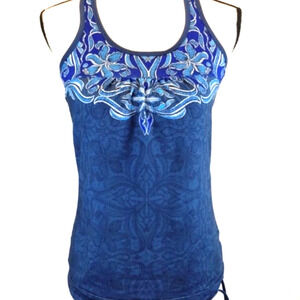 Athleta Tinker Racerback Tank Top Yoga Blue Floral Shelf Bra Womens Size XS